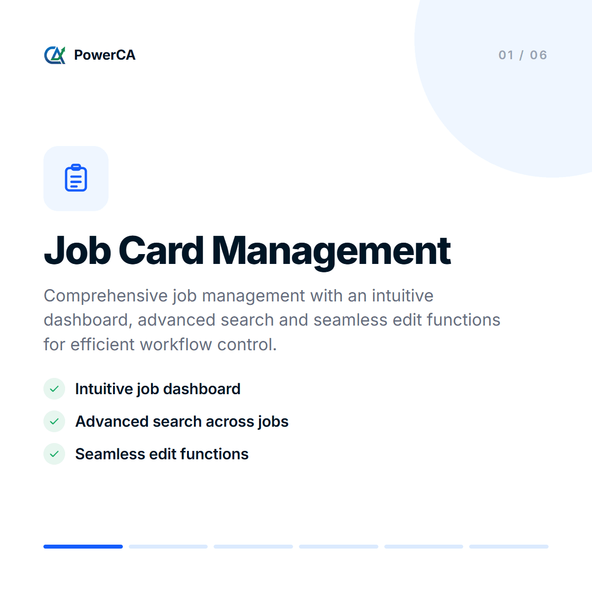 Job Card Management module - comprehensive job management with an intuitive job dashboard, advanced search across jobs and seamless edit functions.