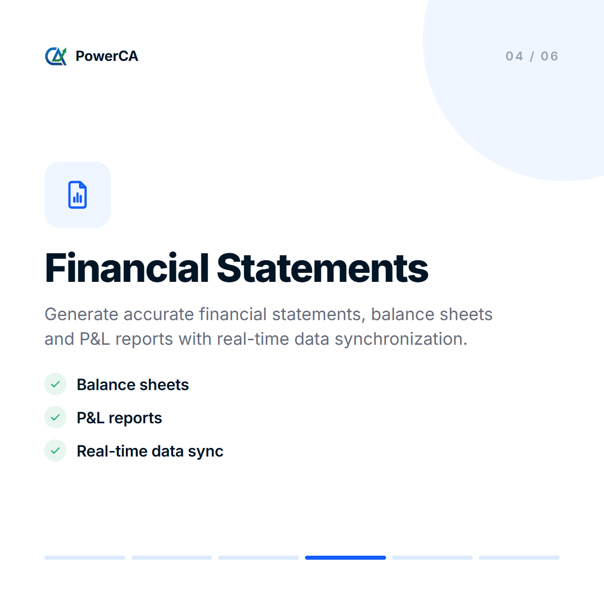 Financial Statements module - generate balance sheets, P&L reports and accurate financial statements with real-time data sync.