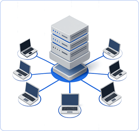 PowerCA Client-Server Network Architecture Diagram - Secure cloud-based practice management system for CA firms