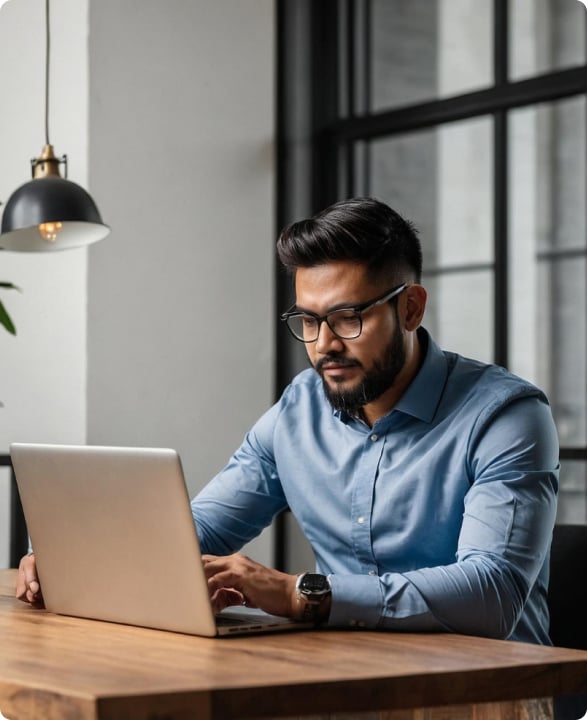 Professional Chartered Accountant using PowerCA practice management software on laptop