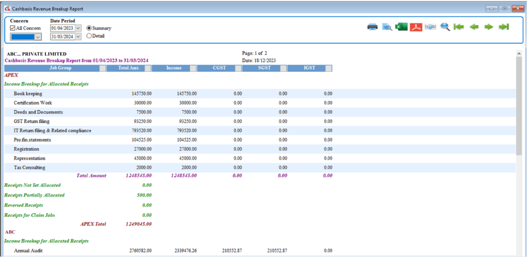 Cashbasis Revenue Breakup Report